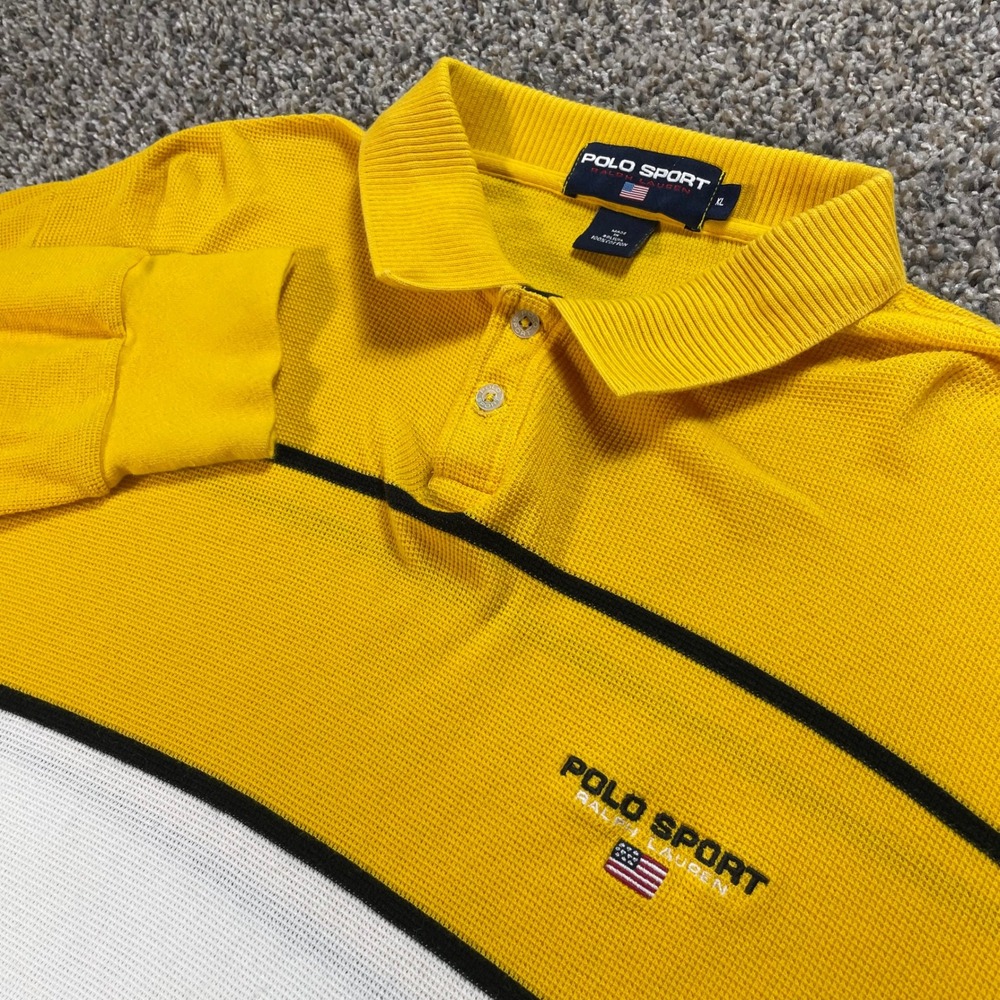 Polo Sport Ralph Lauren Men's XL Yellow Colorblock Waffle Knit Long Sleeve Polo